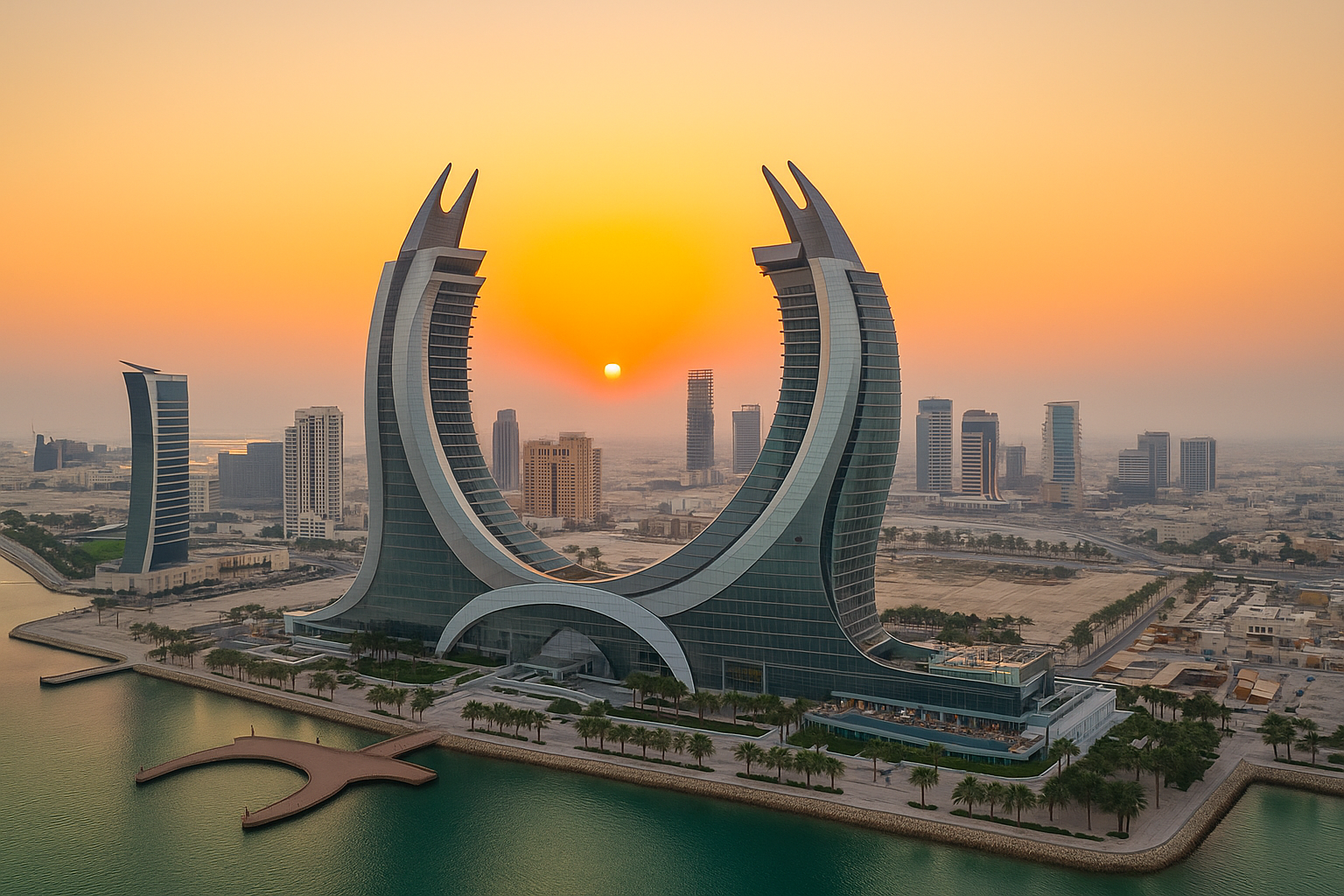 Modern Middle Eastern skyline at sunset